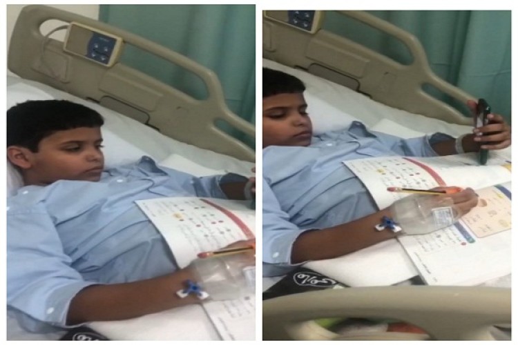 بالفيديو: الطالب عبدالله الرشيدي يواصل حضور الحصص الدراسية وهو يرقد على السرير الأبيض في مستشفى البدائع