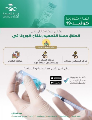 ”  صحة جازان” تُعلن انطلاق حملة التطعيم بلقاح كورونا في ثلاث مراكز بالمنطقة