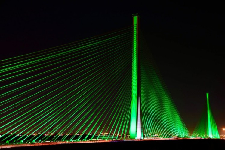 تزامناً مع اليوم الوطني الـ 91 .. وزارة النقل والخدمات اللوجستية تضيء الجسر المعلق باللون الأخضر