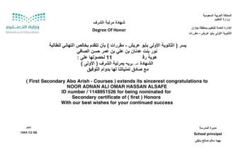 نور بنت عدنان الصافي تتخرج من الثانوية الأولى بأبو عريش بمرتبة الشرف الأولى