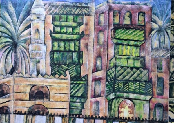 “بيوت جدة” لوحة فنية للفنان التشكيلي المبدع الاستاذ محمد الأعجم