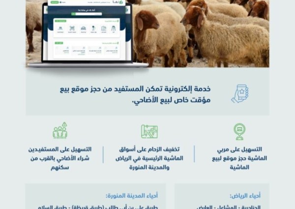 “البيئة” تُطلق خدمة الحجز الإلكتروني لبيع الأضاحي في 12 موقعًا بالرياض والمدينة المنورة