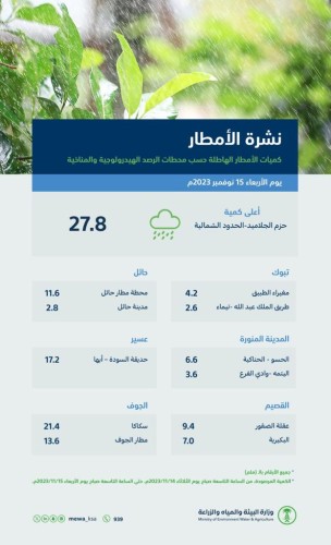 أمطار متفاوتة على 9 مناطق بالمملكة والحدود الشمالية الأعلى بـ 27.8 مليمتر