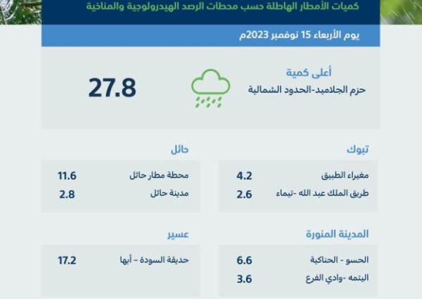 أمطار متفاوتة على 9 مناطق بالمملكة والحدود الشمالية الأعلى بـ 27.8 مليمتر