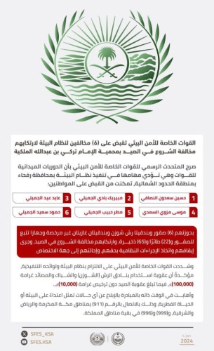 القوات الخاصة للأمن البيئي تقبض على6 مخالفين لنظام البيئة لارتكابهم مخالفة الشروع في الصيد بمحمية الإمام تركي بن عبدالله الملكية