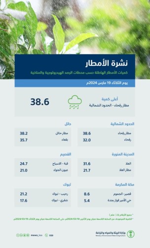 “البيئة”: (144) محطة ترصد هطول أمطار في (11) منطقة والحدود الشمالية تسجّل الهطول الأعلى بـ (38.6) ملم