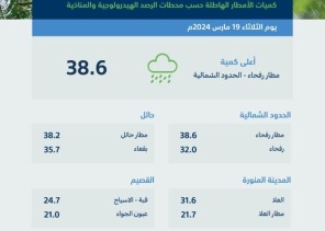 “البيئة”: (144) محطة ترصد هطول أمطار في (11) منطقة والحدود الشمالية تسجّل الهطول الأعلى بـ (38.6) ملم