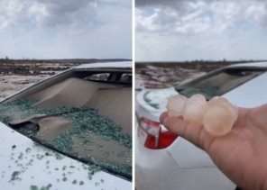 بالفيديو: حبات برد في وادي النقيع جنوب المدينة يحطم زجاج سيارتين