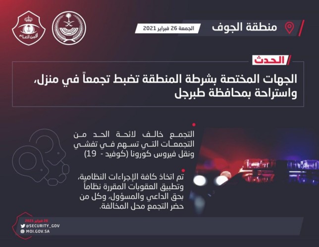 شرطة الجوف: ضبط تجمع مخالف للائحة الحد من التجمعات بمحافظة طبرجل وتطبيق العقوبات بحق الداعي والمسؤول وكل من حضر