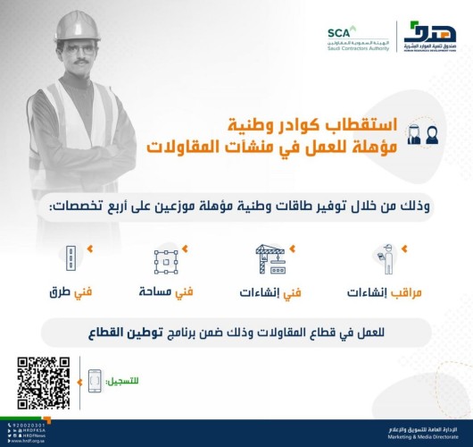 “هدف” والهيئة السعودية للمقاولين يفتحان التسجيل ببرنامج تدريبي لدعم توظيف الباحثين عن العمل في قطاع المقاولات