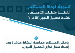 التجارة: إتاحة خدمة إصدار السجلات التجارية لمزاولة نشاط تحصيل الديون لـ”الأفراد” التجارة: إتاحة خدمة إصدار السجلات التجارية لمزاولة نشاط تحصيل الديون لـ”الأفراد”