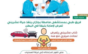 فريق طبي بمستشفى صامطة ينقذ حياة عشريني تعرض لإصابة بليغة في البطن بجازان فريق طبي بمستشفى صامطة ينقذ حياة عشريني تعرض لإصابة بليغة في البطن بجازان