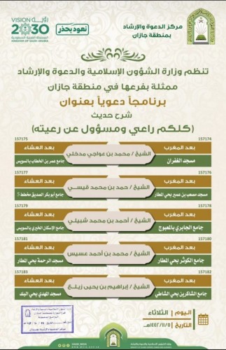 إسلامية جازان تنظم محاضرات في شرح حديث ” كلكم راعٍ وكلكم مسؤول عن رعيته “