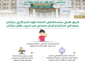 فريق طبي بمستشفى الملك فهد ينجح في إستخراج قرص معدني من مريء طفل بجازان