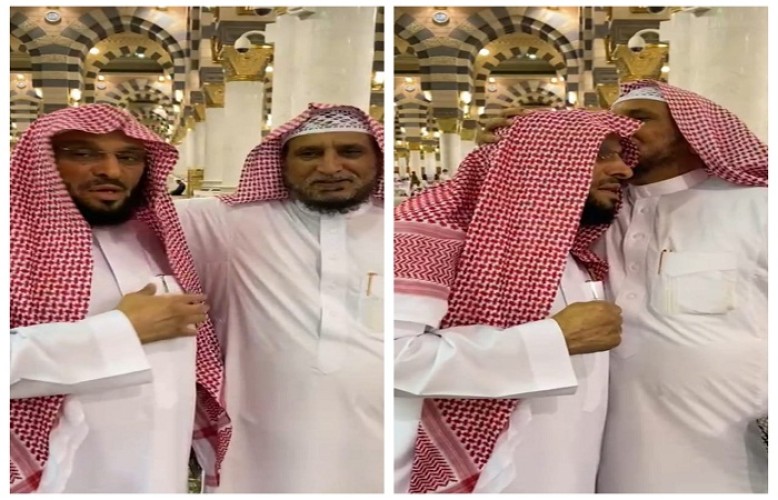 من داخل المسجد النبوي .. بالفيديو: لقاء أخوي بين الشيخ عبدالله بن مرشد الشويلعي الرشيدي والشيخ عائض القرني