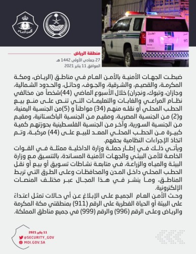 الجهات الأمنية بالأمن العام تضبط (44) مركبة محملة بالحطب المحلي المعدّ للبيع في عدد من مناطق المملكة لمخالفتها لنظام المراعي والغابات