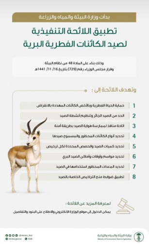 “البيئة” تبدأ تطبيق اللائحة التنفيذية لصيد الكائنات الفطرية البرية في المملكة