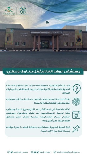 بدء العمل بخدمة “وصفتي” بمستشفى المهد العام الخميس 1442/5/9 هـ الموافق 2020/12/24 م