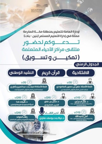 “تمكين وتسويق” ملتقى مراكز الأحياء المتعلمة تعقده إدارة التعليم المستمر بتعليم مكة تعقد