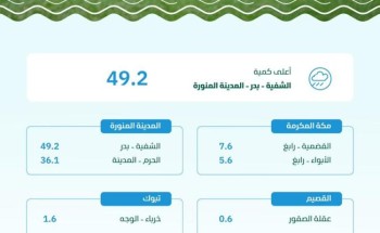 “البيئة” ترصد هطول أمطار في (6) مناطق.. والمدينة المنورة تسجّل أعلى كمية بـ (49.2) ملم في الشفية بدر “البيئة” ترصد هطول أمطار في (6) مناطق.. والمدينة المنورة تسجّل أعلى كمية بـ (49.2) ملم في الشفية بدر