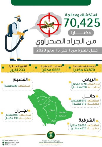 “البيئة” تستكشف وتعالج 70.42 ألف هكتار من الجراد الصحراوي في 5 مناطق