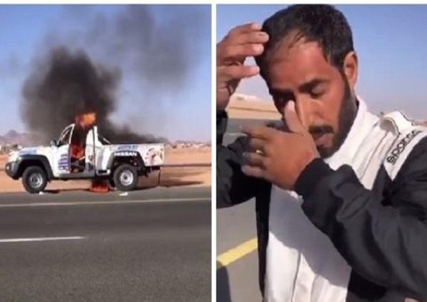 شاهد: لحظة احتراق سيارة متسابق في رالي حائل واشتعال النيران فيها .. وهذا ما حدث للسائق! شاهد: لحظة احتراق سيارة متسابق في رالي حائل واشتعال النيران فيها .. وهذا ما حدث للسائق!