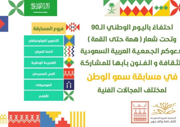 احتفاء باليوم الوطني ٩٠ .. فنون أبها تطلق مسابقة وطنية بستة مسارات احتفاء باليوم الوطني ٩٠ .. فنون أبها تطلق مسابقة وطنية بستة مسارات