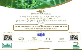 عمادة خدمة المجتمع والتعليم المستمر تنظم ملتقى جامعة المجمعة الافتراضي المجتمعي الأول. عمادة خدمة المجتمع والتعليم المستمر تنظم ملتقى جامعة المجمعة الافتراضي المجتمعي الأول.