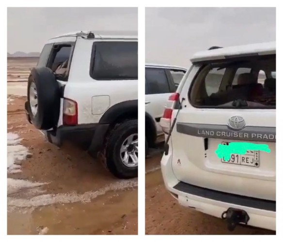 بالصور : بردية الغزالة تهشم زجاج سيارتين جنوب حائل .