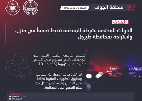 شرطة الجوف: ضبط تجمع مخالف للائحة الحد من التجمعات بمحافظة طبرجل وتطبيق العقوبات بحق الداعي والمسؤول وكل من حضر شرطة الجوف: ضبط تجمع مخالف للائحة الحد من التجمعات بمحافظة طبرجل وتطبيق العقوبات بحق الداعي والمسؤول وكل من حضر