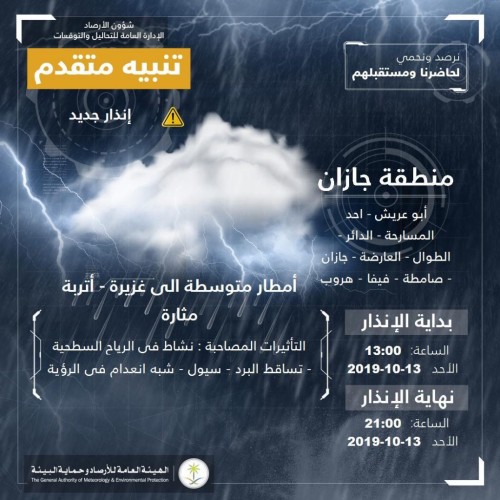 مدني جازان : تنبيهات من تلقبات جوية ورياح نشطة وامطار وتساقط برد .. وتحذيرات من السيول والاقتراب من الأودية