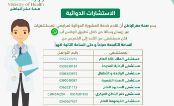صحة حفر الباطن تطلق خدمة الاستشارة الدوائية للمرضى في منازلهم عبر تطبيق الواتس آب صحة حفر الباطن تطلق خدمة الاستشارة الدوائية للمرضى في منازلهم عبر تطبيق الواتس آب