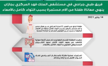 إنهاء معاناة طفلة مع التواء الأمعاء بمستشفى الملك فهد في جازان إنهاء معاناة طفلة مع التواء الأمعاء بمستشفى الملك فهد في جازان