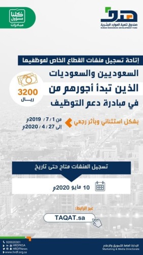 “هدف” يجدد دعوته للمنشآت لتسجيل السعوديين الذين تبدأ أجورهم من 3200 ريال في مبادرة دعم التوظيف بأثر رجعي قبل آخر موعد 10 مايو