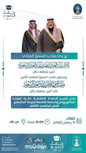 سمو أمير منطقة حائل يرعى يوم الثلاثاء حفل الخريجين بجامعة حائل