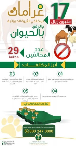 “البيئة” تغرم 29 مخالفاً لنظامي الثروة الحيوانية والرفق بالحيوان بـ 1,7 مليون ريال