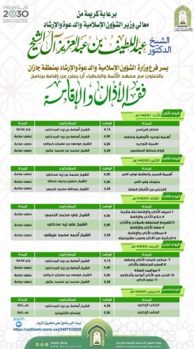 الشؤون الإسلامية  بجازان تنفذ البرنامج العلمي ( فقه الأذان والإقامة ) بالتعاون مع معهد الأئمة والخطباء