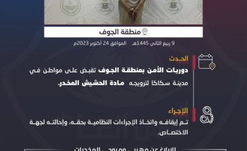 دوريات الأمن بالجوف تطيح بمواطن لترويجه مادة الحشيش المخدر بـ”سكاكا”