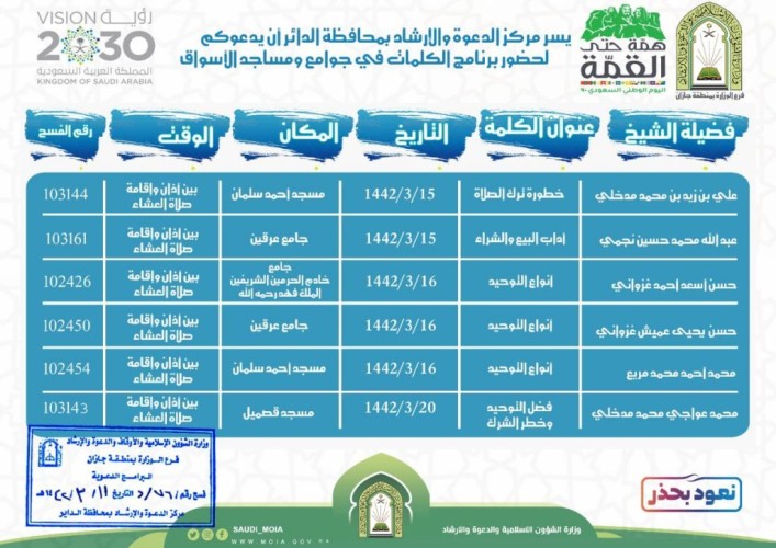 الشؤون الإسلاميّة تُنظّم كلماتٍ دعويّةً بمساجد الدائر وجوامعها